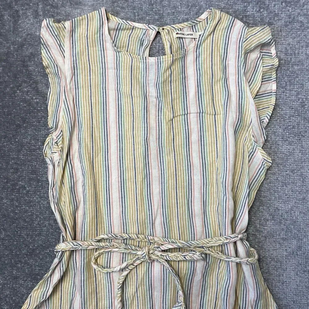 Marine Layer Dress Womens Medium Cream Pastel Stripes Tiered Ruffle Linen Belted - Picture 2 of 8